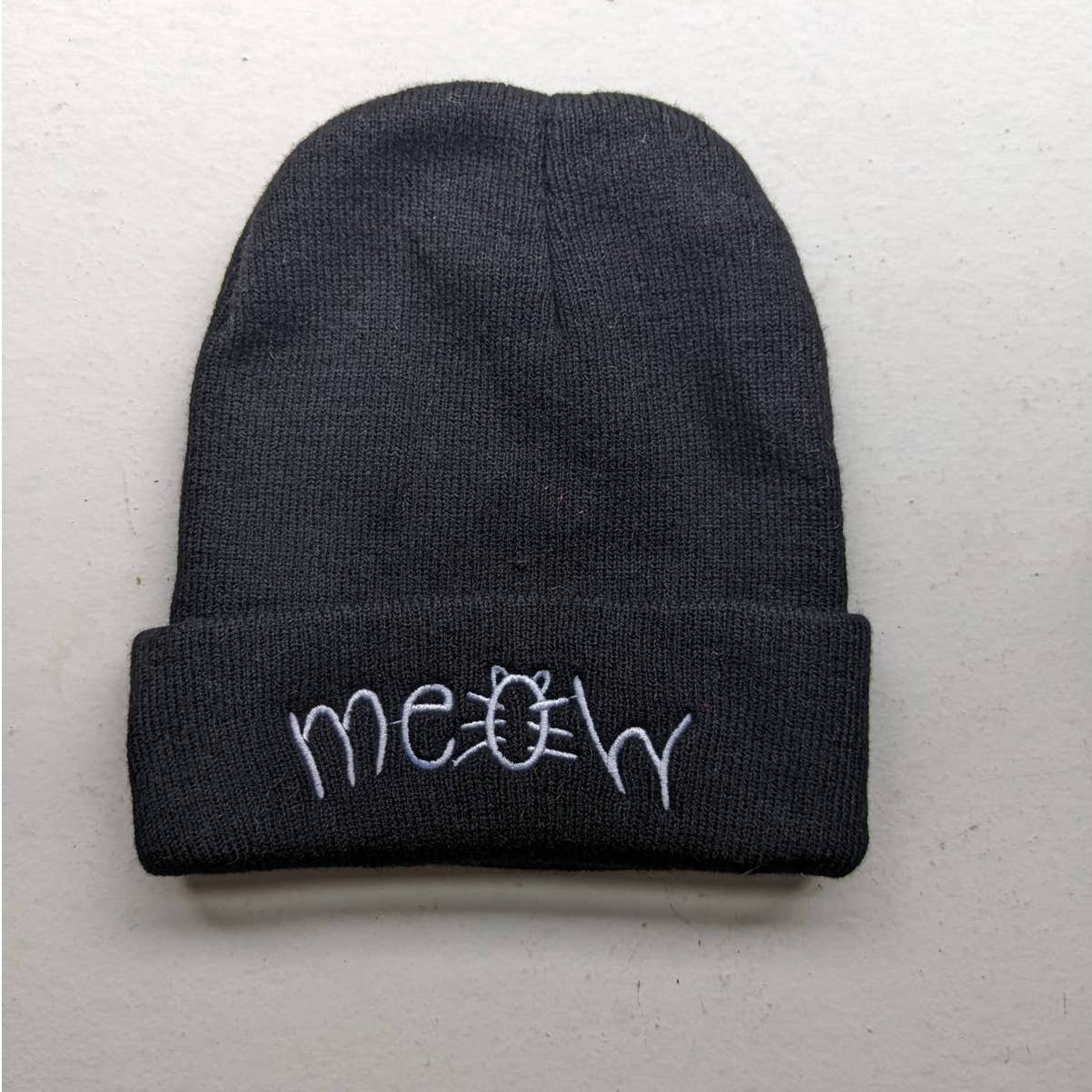 Y2K Kawaii Black Cat Meow Embroidered Beanie Ribbed Kitty Minimalist Grunge Hat