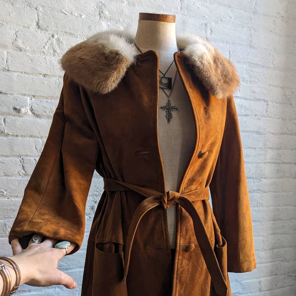 70s Penny Lane Groovy Suede Fur Jacket Furry Genuine Leather Mod Trench Coat