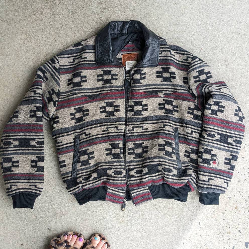 Vintage Southwest Wool Leather Bomber Blanket Jacket Native Minimalist Coat