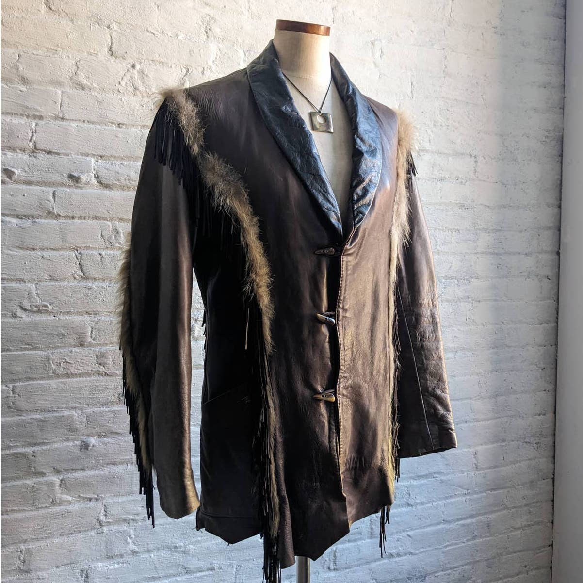 60s 70s Vintage Leather Coyote Fur Fringe Jacket Genuine Cowboy Western Coat