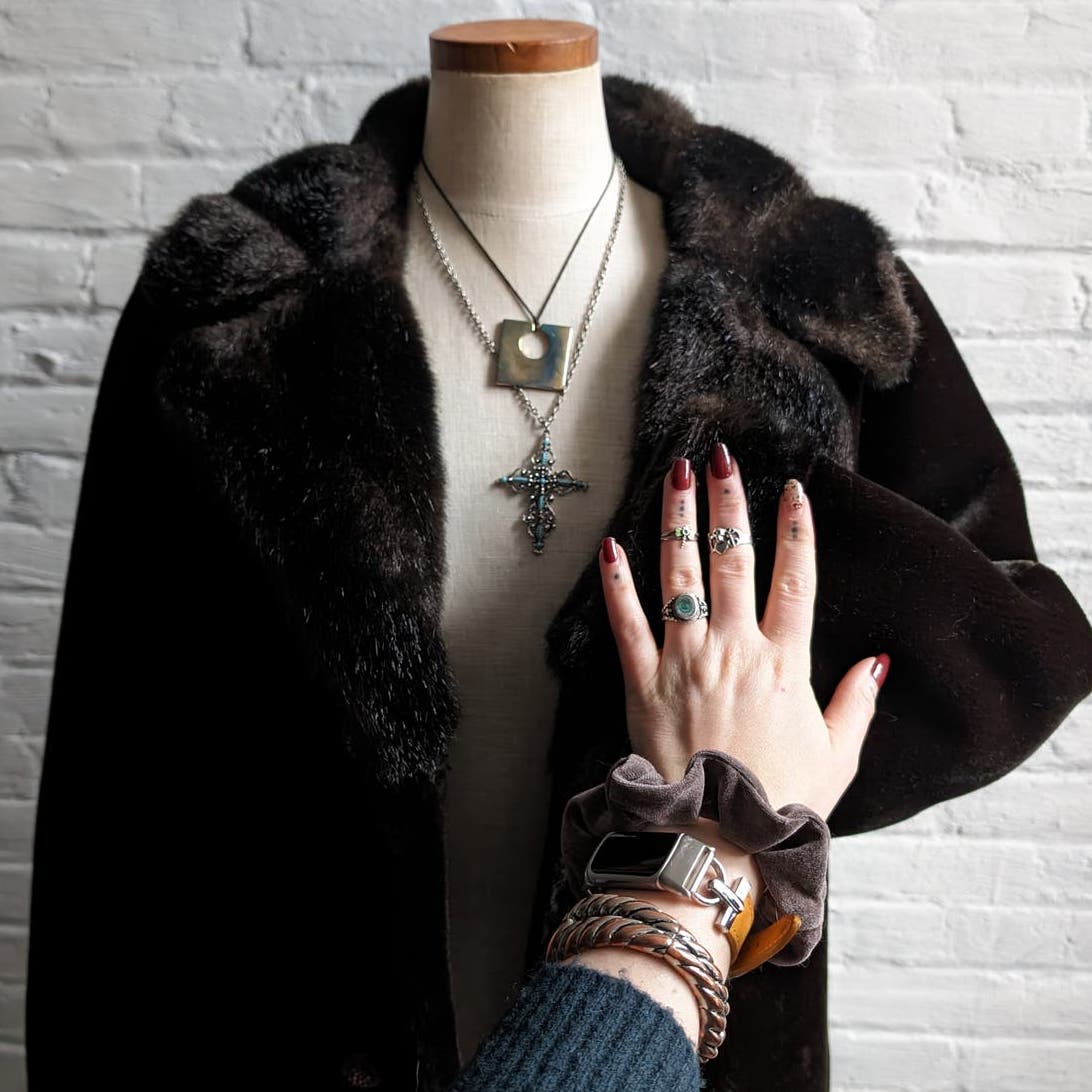 70s Vintage Vegan Velvet Fur Trench Coat Mob Wife Black Brown Penny Lane Jacket