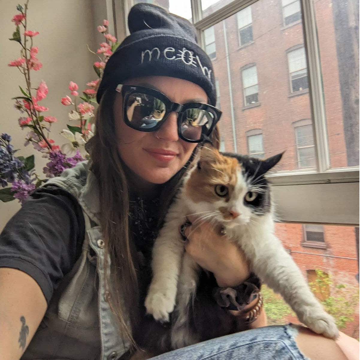 Y2K Kawaii Black Cat Meow Embroidered Beanie Ribbed Kitty Minimalist Grunge Hat