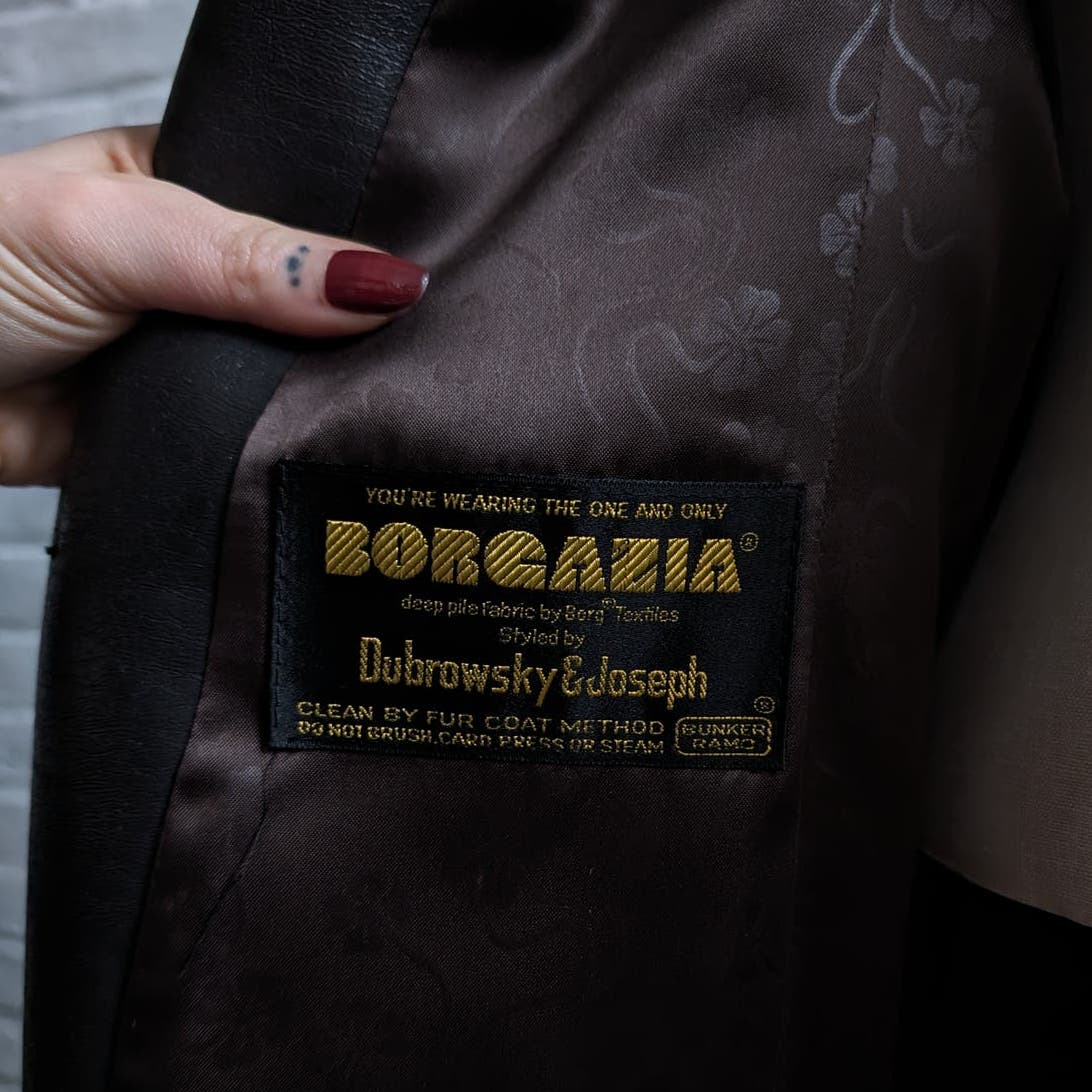 70s Vintage Vegan Velvet Fur Trench Coat Mob Wife Black Brown Penny Lane Jacket