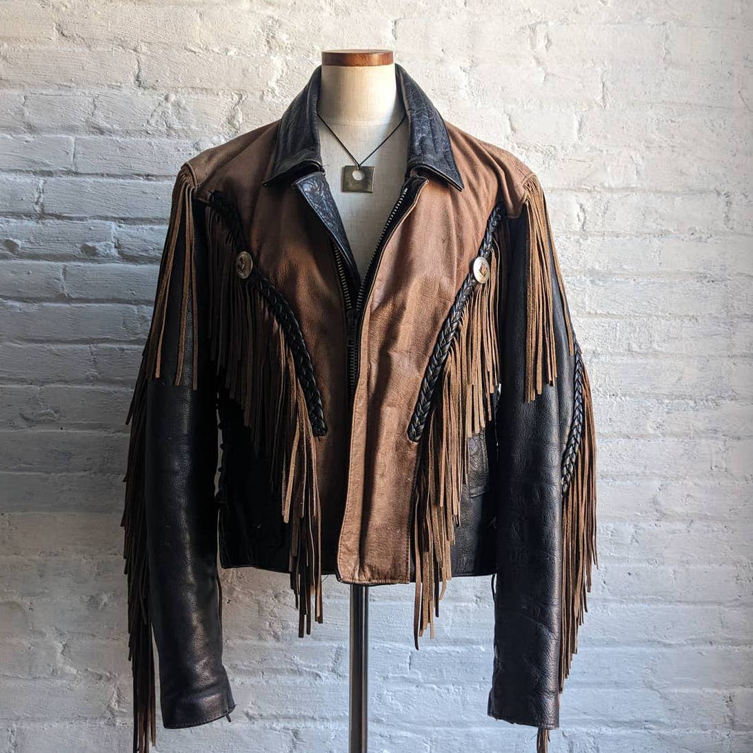 Vintage Two Tone Southwest Leather Fringe Biker Jacket Concho Motorcycle Western