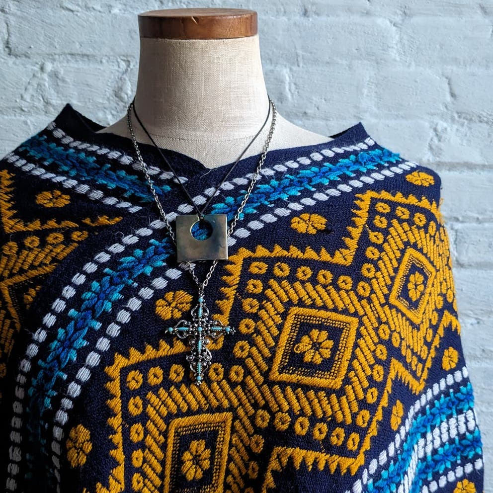 70s Vintage Woven Southwest Blanket Poncho Handmade Hippie Fringe Trippy Vest