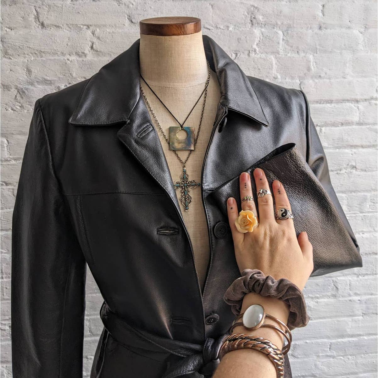 Y2K Vintage Minimalist Leather Trench Coat Jacket Chic Biker Moto Goth Duster
