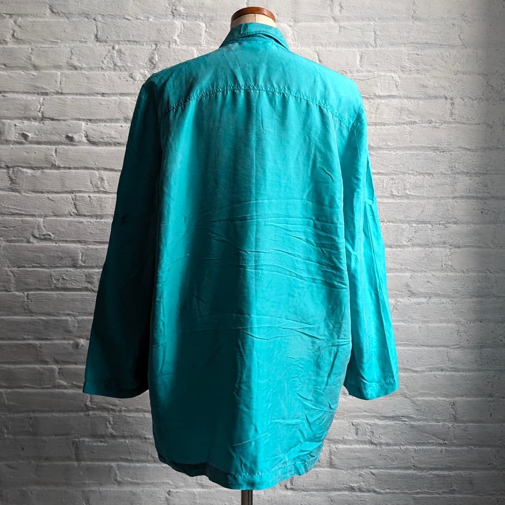 90s Vintage Blue Silk Romance Minimalist Duster Distressed Grunge Jacket Robe