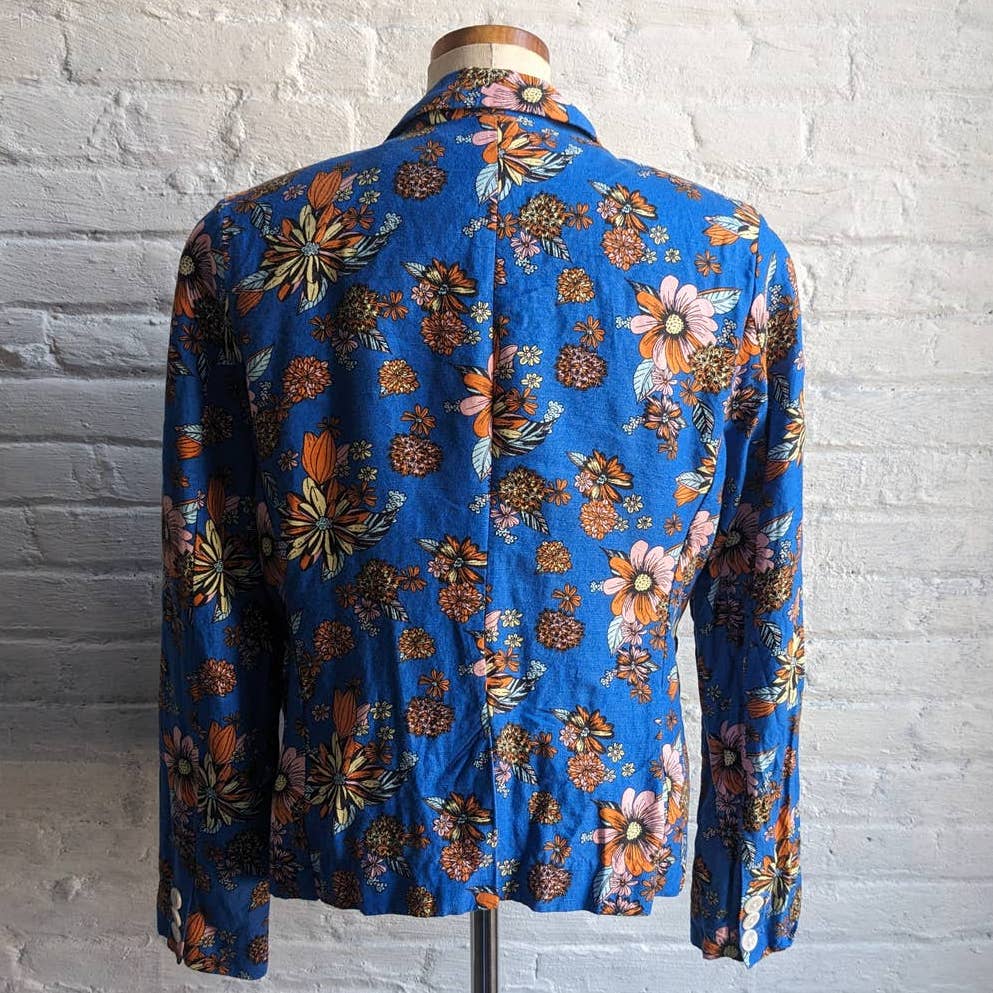 70s Retro Mod Cloth Groovy Floral Linen Blazer Vibrant Flowers Shacket Jacket