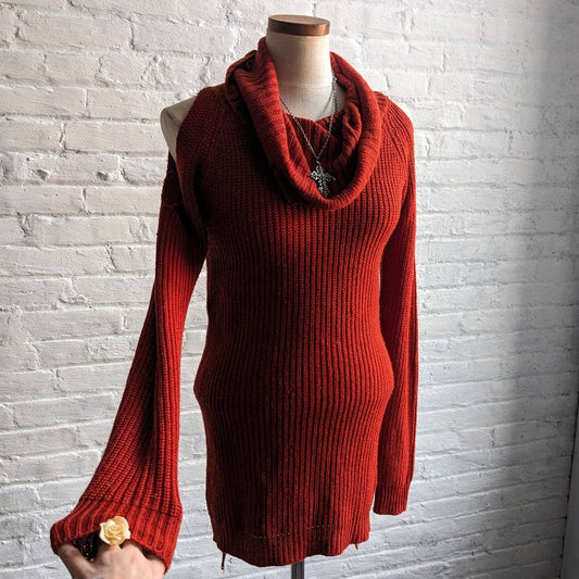 Vintage Red Chunky Knit Sweater Dress Sexy Minimalist Chic Cutout Mini Dress