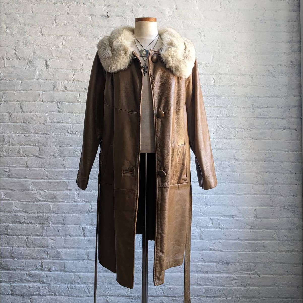 Vintage Minimalist Leather Penny Lane Trench Coat Belted Genuine Fox Fur Jacket