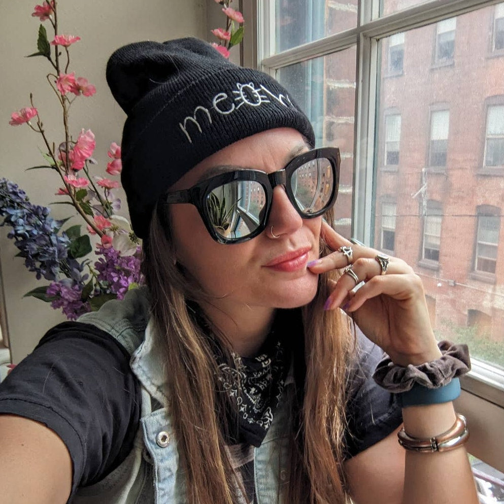 Y2K Kawaii Black Cat Meow Embroidered Beanie Ribbed Kitty Minimalist Grunge Hat