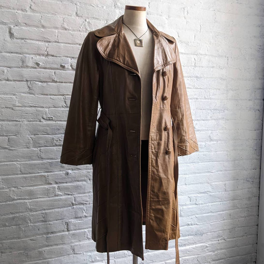 70s Vintage Groovy Tan Leather Belted Duster Chic Caramel Trench Coat Jacket