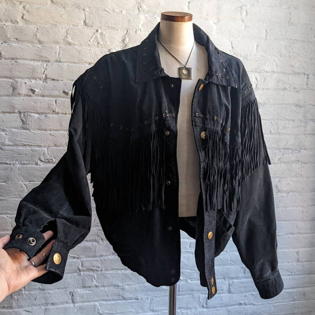 Vintage Black Suede Leather Fringe Biker Jacket Western Genuine Leather Coat