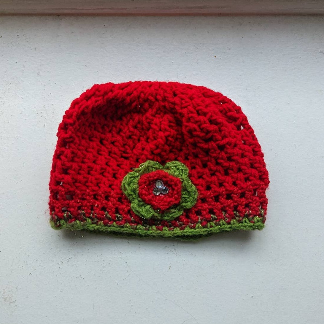 Vintage Y2K Crochet Festival Hat Kawaii Red Chunky Knit Beanie Cute Floral Funky