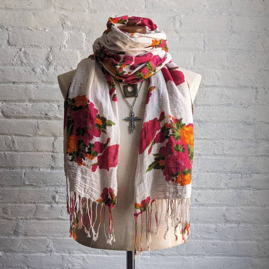 Vintage Floral Watercolor Fringe Scarf Rainbow Skittles Fairycore Grunge Wrap