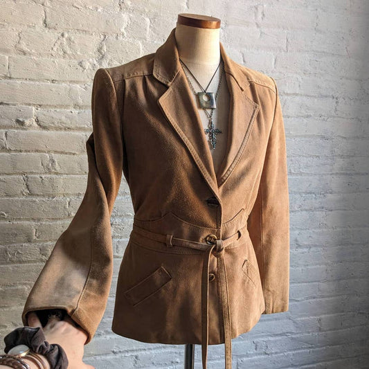 70s Vintage Western Minimalist Suede Jacket Neutral Camel Leather Cowgirl Blazer