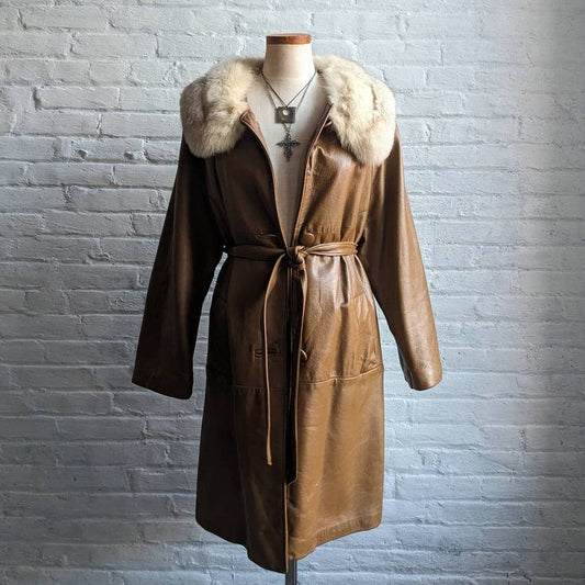 Vintage Minimalist Leather Penny Lane Trench Coat Belted Genuine Fox Fur Jacket