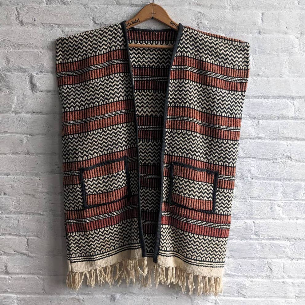 70s Vintage Blanket Vest Western Handmade Woven Fringe Traditional Mexico Serape