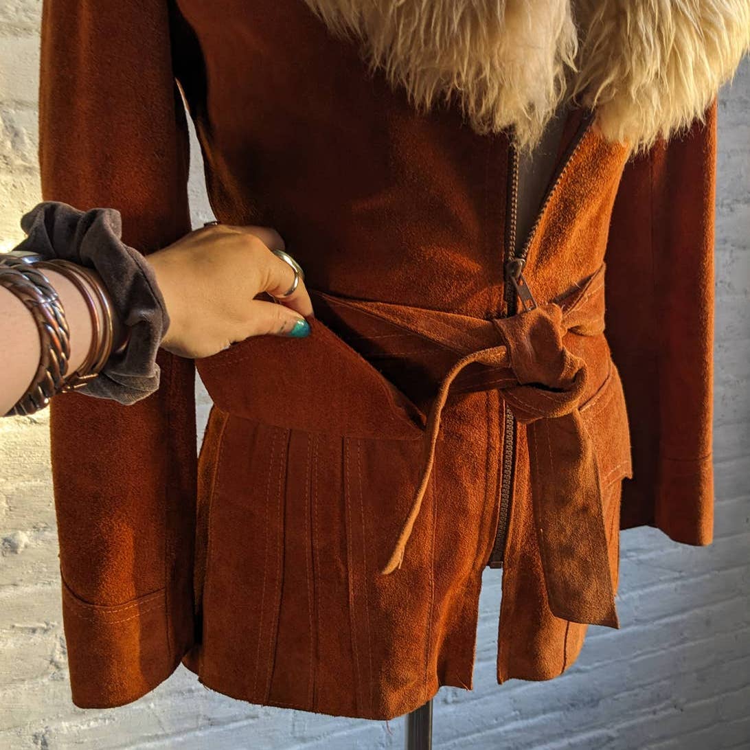 70s Penny Lane Groovy Suede Fur Jacket Furry Genuine Leather Mod Trench Coat