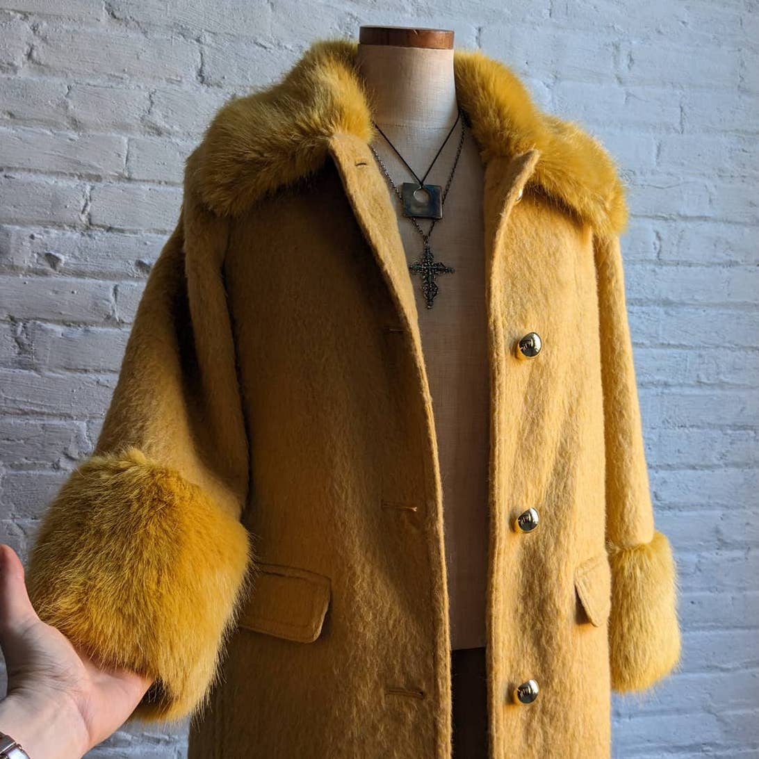 Retro 70s style Groovy Yellow Wool Yellow Penny Lane Jacket Shag Trench Coat