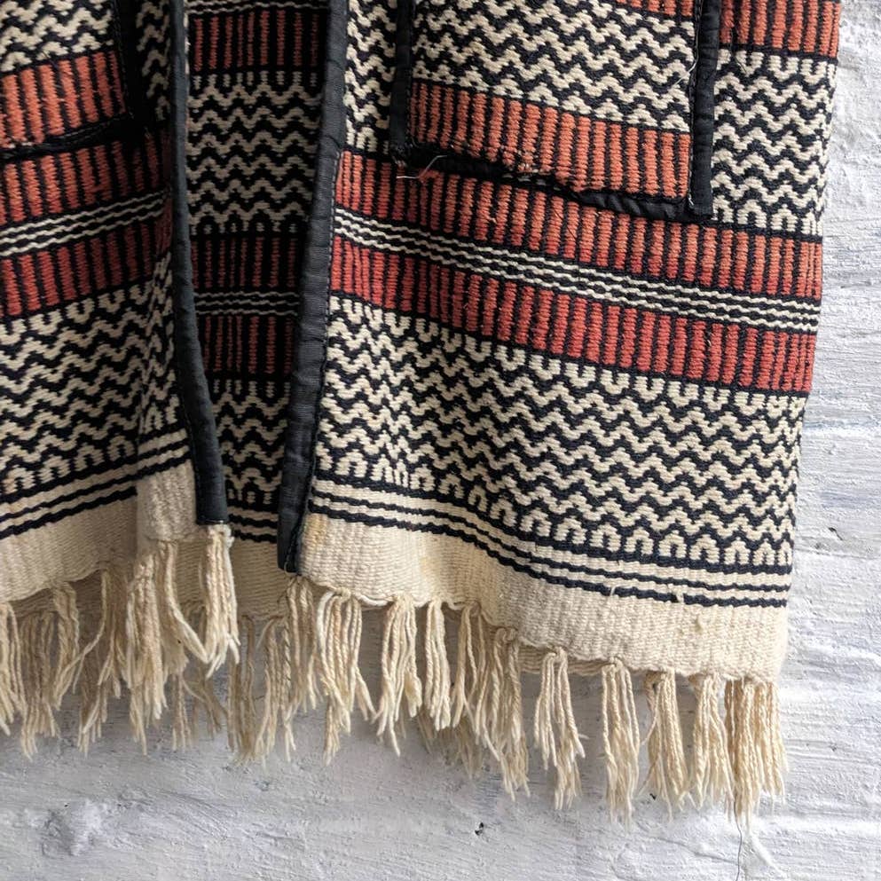 70s Vintage Blanket Vest Western Handmade Woven Fringe Traditional Mexico Serape