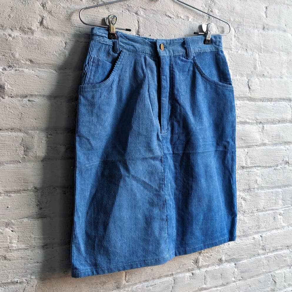 90s Vintage Corduroy Mod Baby Blue Skirt High Waist Retro Color Pop Pencil Skirt