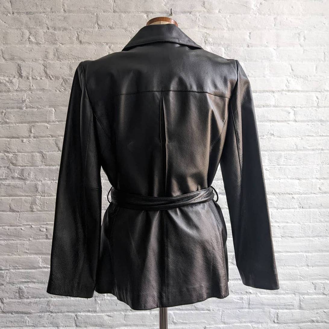 Y2K Vintage Minimalist Leather Trench Coat Jacket Chic Biker Moto Goth Duster