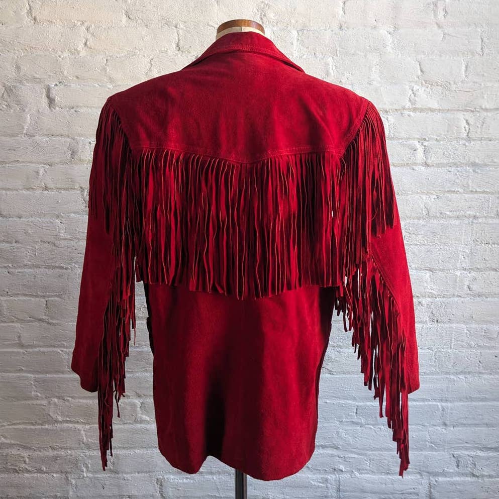 Vintage Cherry Red Suede Leather Fringe Southwest Biker Jacket Moto Western Coat
