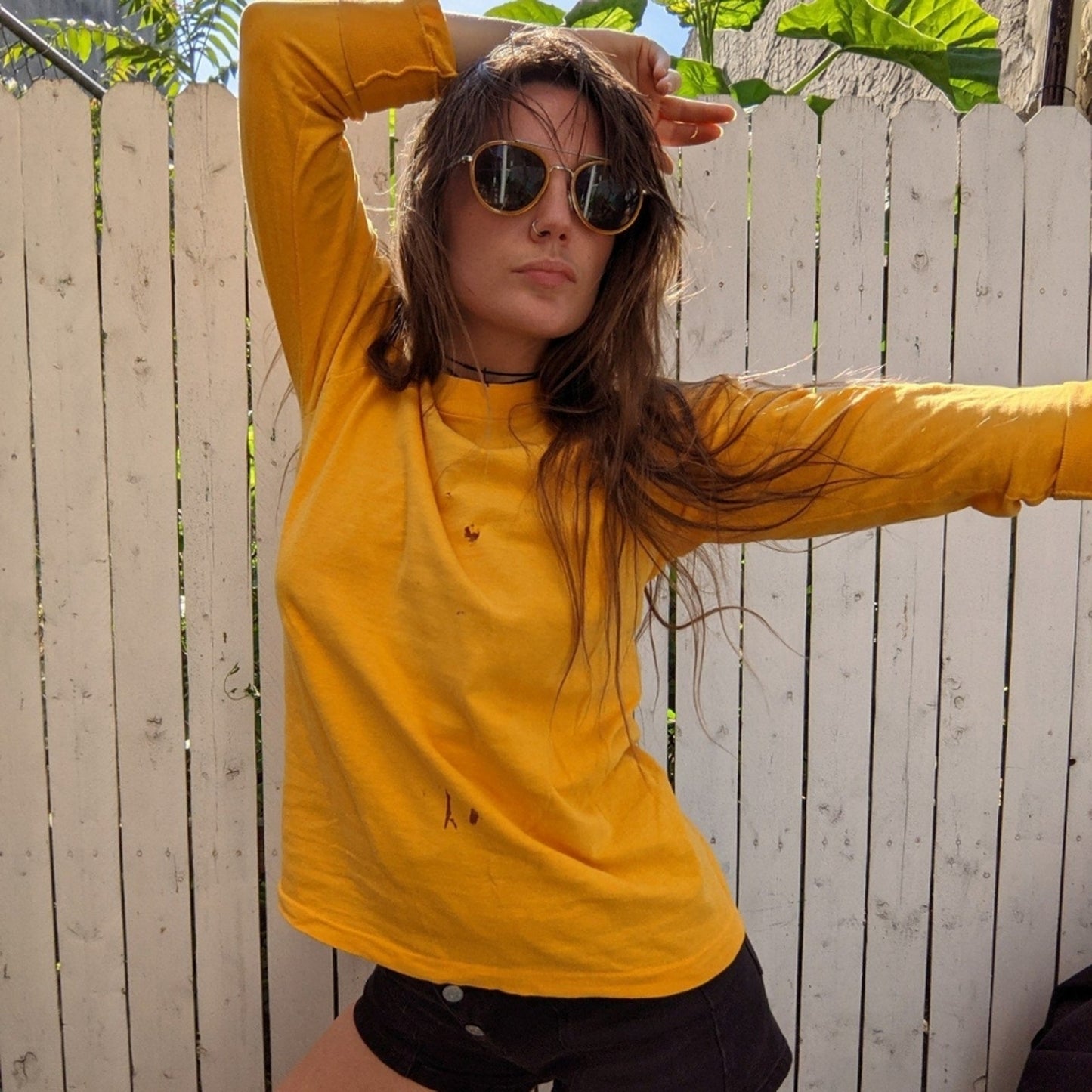 Vintage Yellow Crewneck Longsleeve Tee Thrashed Print Single Stitch Tshirt Top