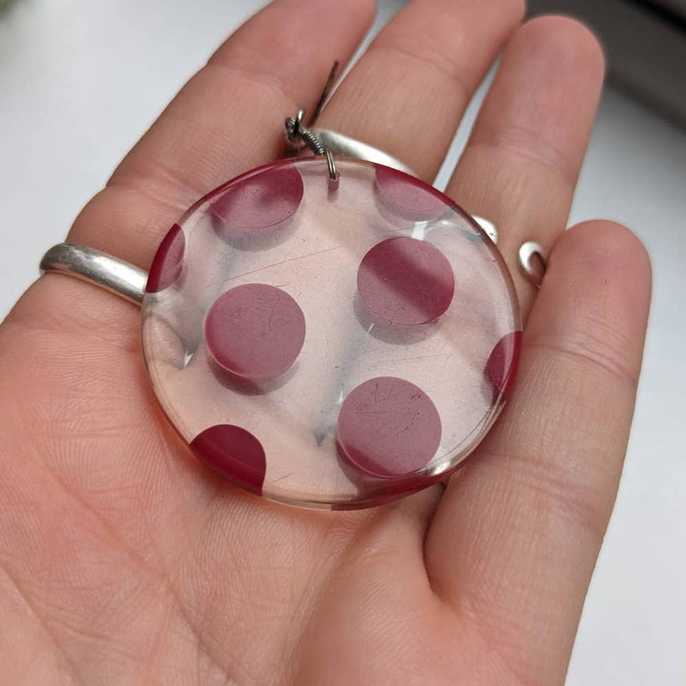 Retro 60s style Mod Oversize Red Polkadot Circular Clear Resin Dangle Earrings