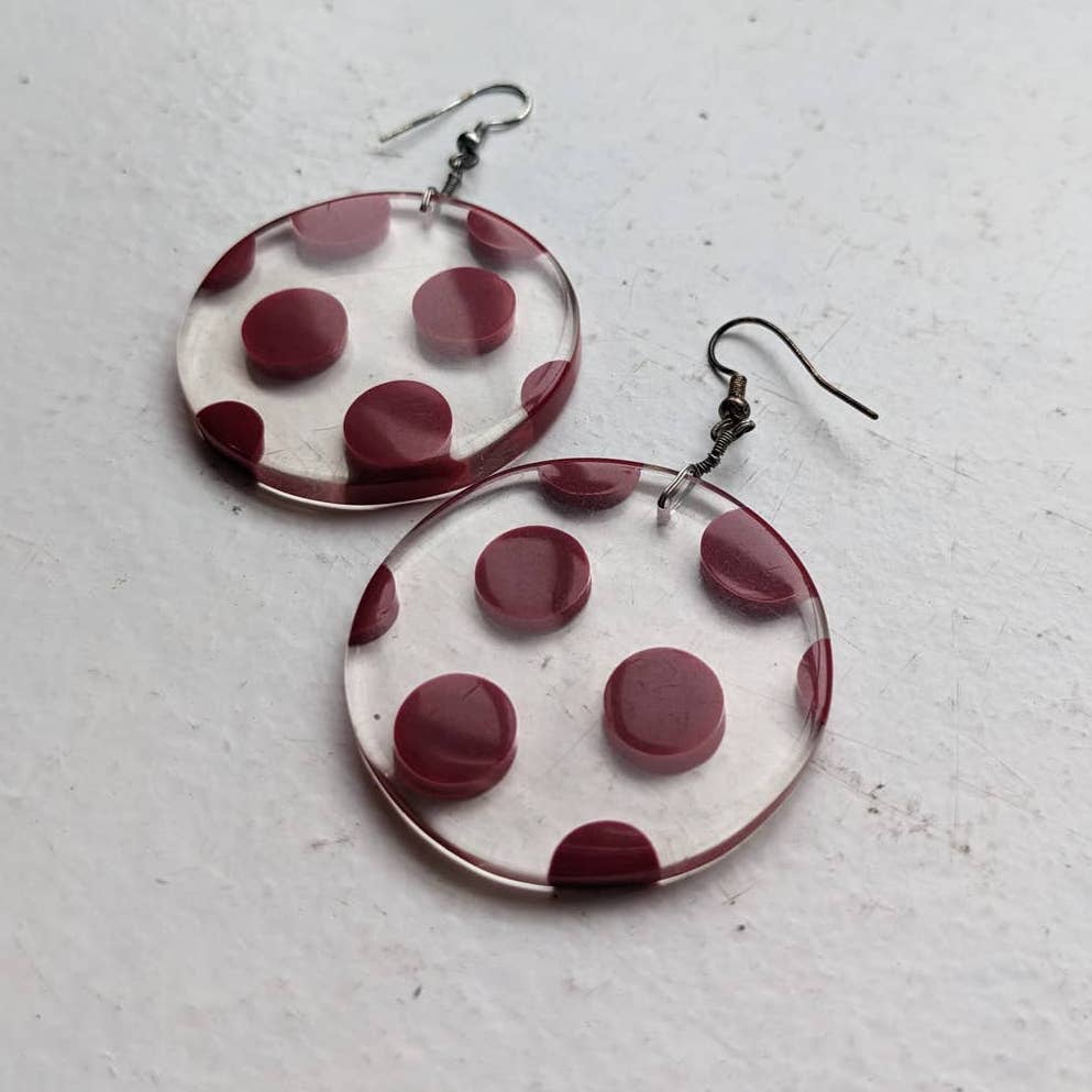 Retro 60s style Mod Oversize Red Polkadot Circular Clear Resin Dangle Earrings