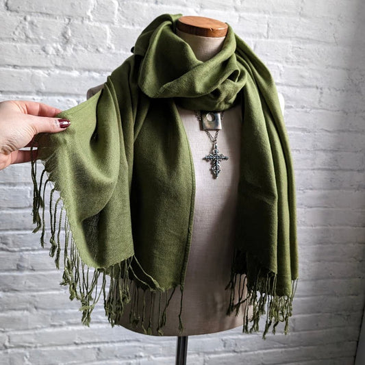 Vintage Pashmina Silk Minimalist Olive Green Scarf Fairycore Boho Shawl Wrap