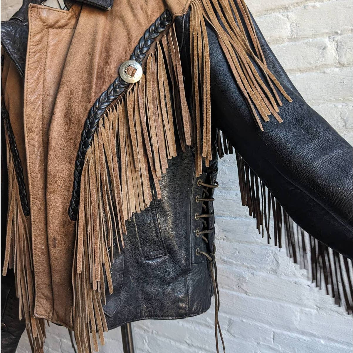 Vintage Two Tone Southwest Leather Fringe Biker Jacket Concho Motorcycle Western