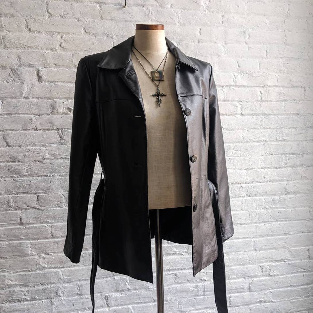 Y2K Vintage Minimalist Leather Trench Coat Jacket Chic Biker Moto Goth Duster