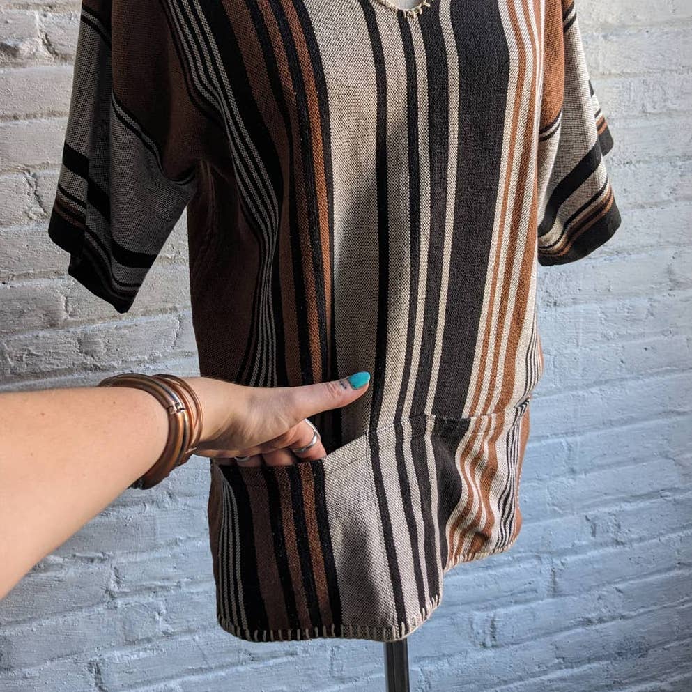 Vintage Boho Striped Groovy Hippie Top Handsewn Woven Rasta Knit Retro Shirt