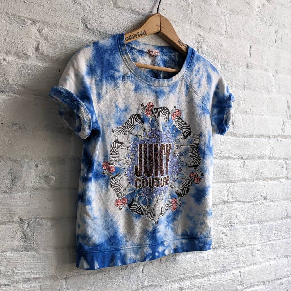 Y2K Vintage Juicy Couture Trippy Zebra Roses Cheetah Glitter Print Tie Dye Top