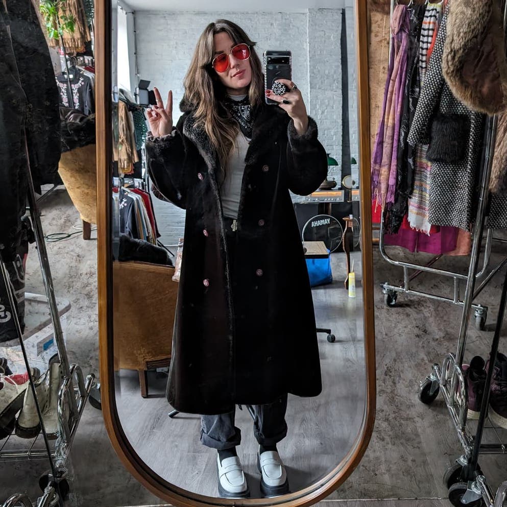 70s Vintage Vegan Velvet Fur Trench Coat Mob Wife Black Brown Penny Lane Jacket