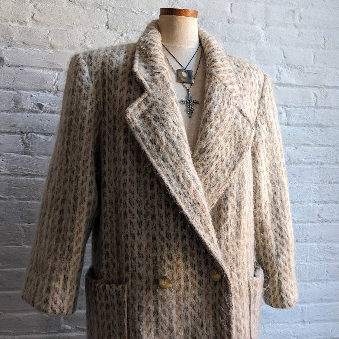 70s Vintage Minimalist Mohair Wool Trench Coat Fuzzy Earthtone Striped Jacket