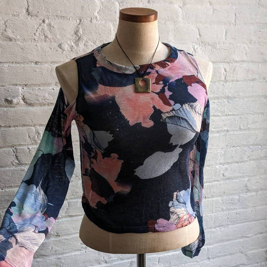 Y2K Retro Trippy Floral Galaxy Mesh Burnout Tee Dark Academia Tattoo Art Top