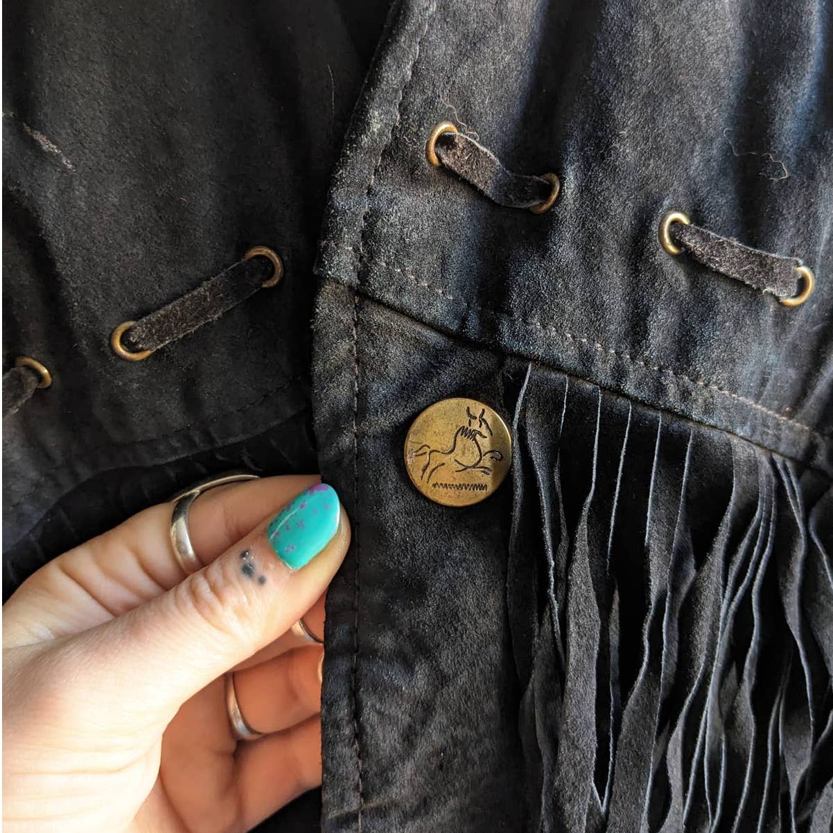 Vintage Black Suede Leather Fringe Biker Jacket Western Genuine Leather Coat