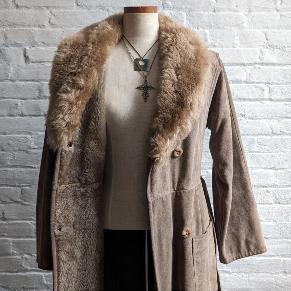 Vintage Penny Lane Fur Furry Genuine Suede Leather Groovy Mod Trench Coat Jacket