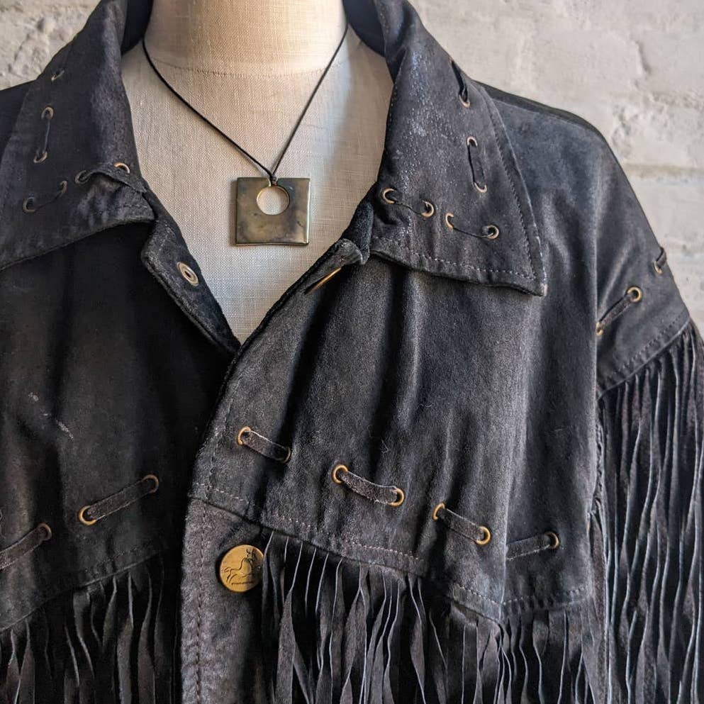 Vintage Black Suede Leather Fringe Biker Jacket Western Genuine Leather Coat
