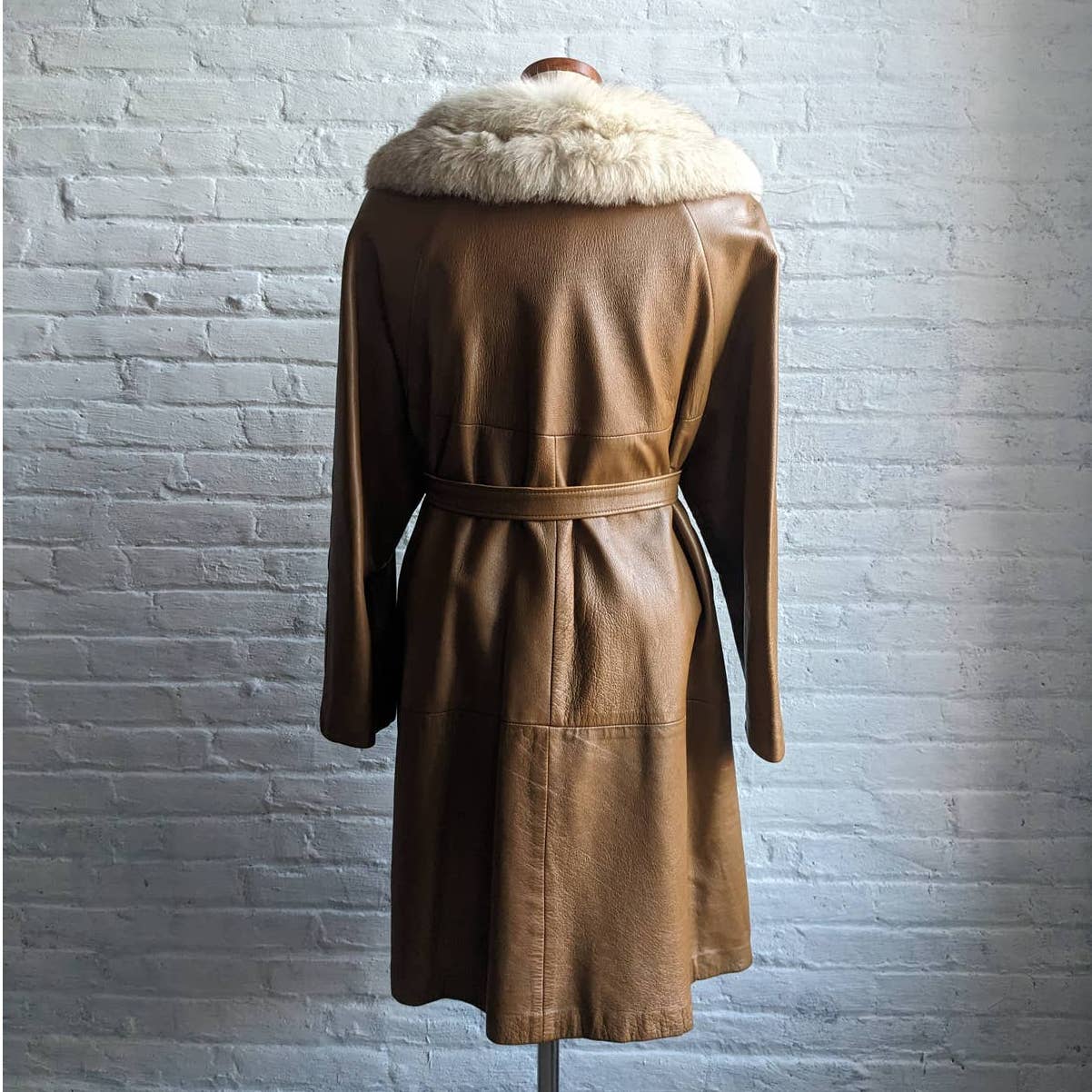 Vintage Minimalist Leather Penny Lane Trench Coat Belted Genuine Fox Fur Jacket
