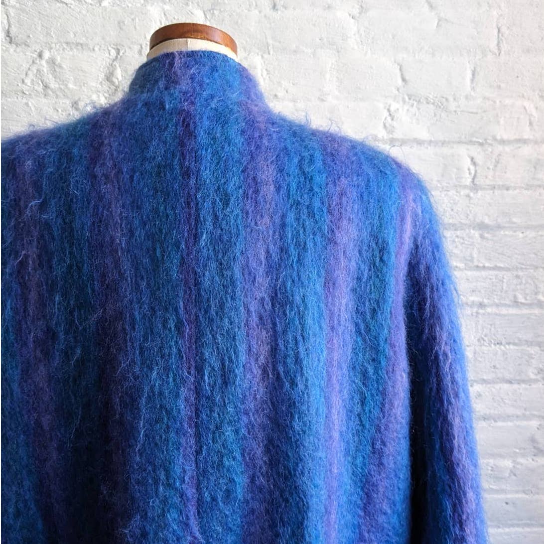 90s Vintage Blue Striped Mohair Wool Trench Coat Funky Shaggy Fuzzy Furry Jacket