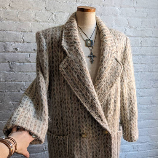 70s Vintage Minimalist Mohair Wool Trench Coat Fuzzy Earthtone Striped Jacket