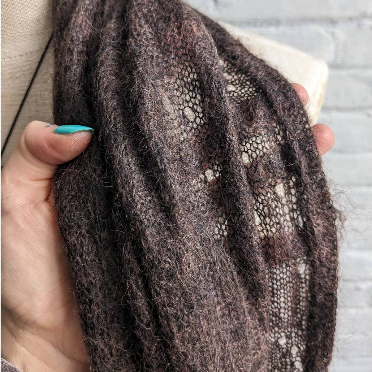 Vintage Mohair Fuzzy Witchy Earthy Grunge Brown Scarf Spiderweb Lace Shawl Wrap