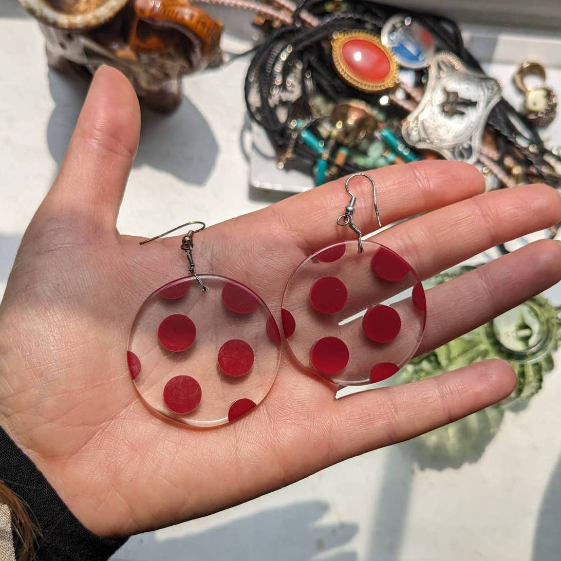 Retro 60s style Mod Oversize Red Polkadot Circular Clear Resin Dangle Earrings