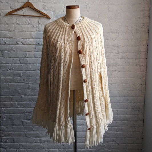 Vintage Minimalist Cable Knit Angelcore Poncho Fringe Cottage Prairie Sweater