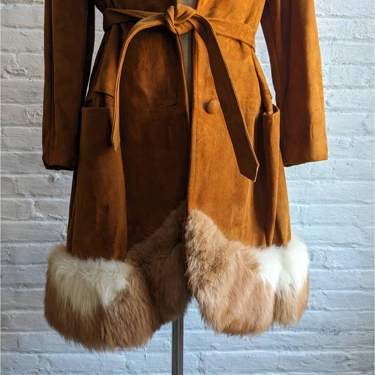 70s Penny Lane Groovy Suede Fur Jacket Furry Genuine Leather Mod Trench Coat