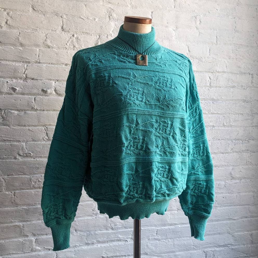 90s Vintage Floral Minimalist Chunky Cable Knit Sweater Oversize Turtleneck Top